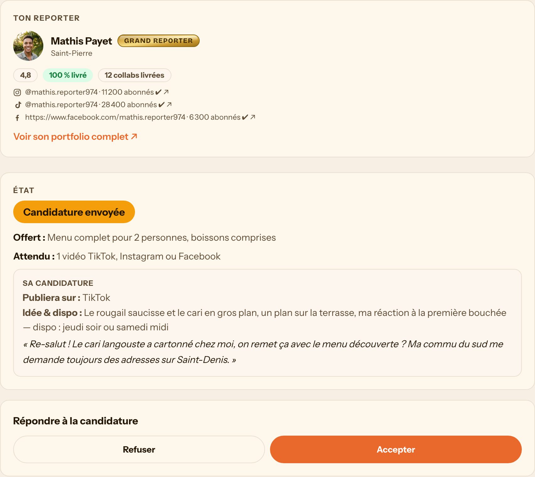 Une vraie candidature dans l'app : nom du créateur, niveau, taux de collabs livrées, abonnés vérifiés et vues réelles de ses dernières collabs