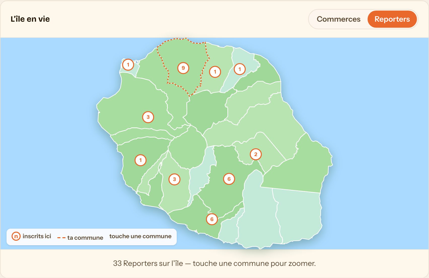La carte interactive de La Réunion avec les Reporters inscrits par commune