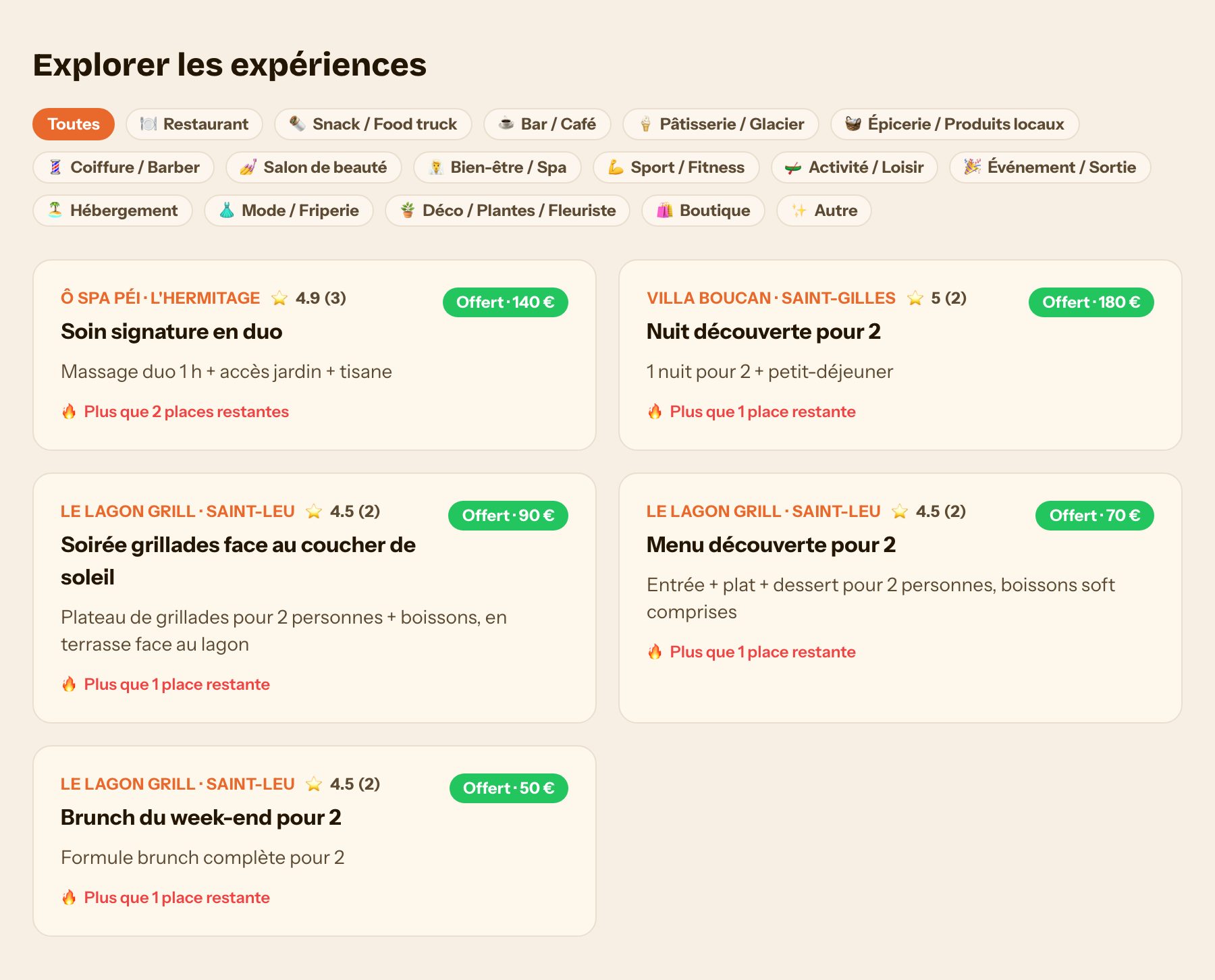 L'écran Explorer avec les expériences ouvertes, leurs prix et places restantes