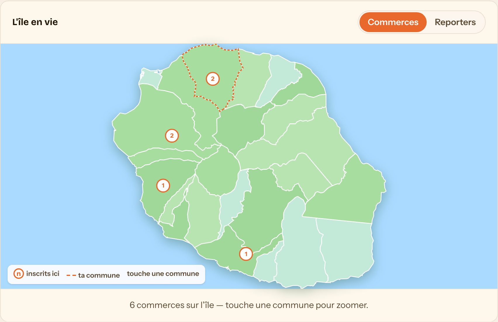 La carte interactive de La Réunion avec les commerces inscrits par commune
